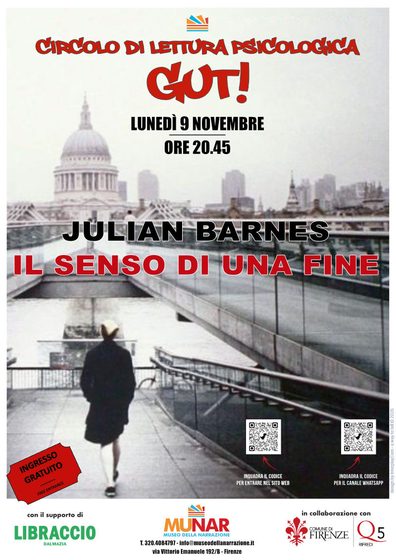 locandina per promuovere il circolo di lettura psicologica GUT! al MUNAR di lunedì 9 novembre 2026 con Julian Barnes Il senso di una fine